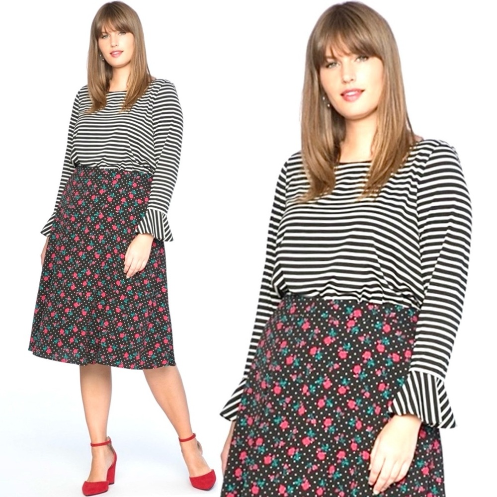 Draper James Eloquii Bell Sleeve Blouse Rayon Knit Top Stripe Black White 14 16